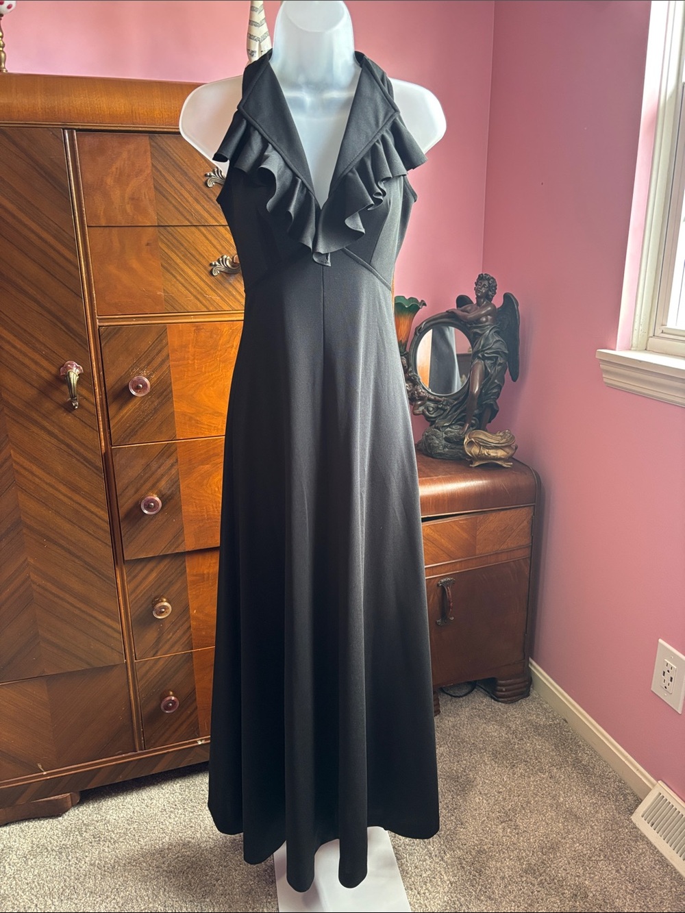 Vintage 70’s Dramatic, Low-Cut, Ruffle Maxi Dress